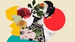 © TensorSpark - Collage portrait of a feminine woman with leaf and flower detail, bold color shape, and modern styling that suggests sustainable fashion and artistic beauty.
