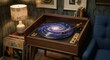 © NataloChka - Cosmic vinyl record player with a spinning galaxy nebula on a wooden turntable in a cozy retro room