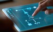 © MuhammadEdwin - Close-up of a finger interacting with a futuristic holographic interface on a tablet.