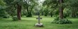 © heerim studio - Stone cross on a rock in a lush green field with tall trees under sky