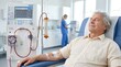 © Pixels Stock - Elderly male patient with closed eyes resting comfortably in chair while connected to automated hemodialysis equipment in modern hospital room with blurred nurse working background.