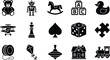 © hr graphics - Collection of classic children toys and games including teddy bear, robot, dice, and train on a white background