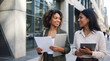 © Jon Stock - Beauty woman walks with colleague while reviewing business documents. Pretty woman carries papers during cheerful conversation beside modern offices. Corporate teamwork concept.