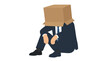 © Ali - Depressed businessman sitting on floor with cardboard box over head, expressing burnout, failure, and mental health crisis in corporate environment
