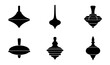 © Md - Vintage spinning top silhouette icons, set of 6 traditional wooden whirligig toy vectors, black minimalist spinning top graphics for gaming and nostalgia