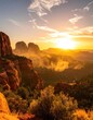© Jaw - Dramatic sunset over a mountainous landscape with red rock formations and wispy clouds.
