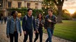 © Setia Fitra - Diverse university students walking together on college campus. Cheerful multiracial group laughing outside, for academic friendship.