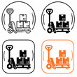 © Penguin Daily - Set of warehouse manual pallet jack icons with stacked shipping boxes for logistics and freight cargo delivery service transportation design