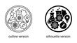 © Nirob - Scientific Research Icons: Two circular icons, one an outline and the other a silhouette, depicting scientific laboratory equipment like beakers, gears, atom symbol, a lightbulb and a compass.