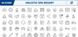 © PixeloAI - Wellness retreat line icon set. Vector pictograms of spa, meditation, holistic, and hospitality elements, thin linear illustration.