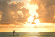 © Cavan Images - Lone woman paddleboarding towards a golden sunset