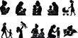 © AwaisAura - Mother and Child Black Silhouette Flat Vector Icon Set with Newborn Breastfeeding Hugging and Reading