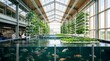 © สรวิชญ์ ไชยภักดี - Modern indoor aquaponics and hydroponics facility with fish tanks and vertical vegetable farming.