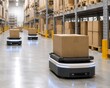 © herlina - Automated warehouse robot transporting cardboard box. Smart logistics AGV moving packages in modern industrial storage facility.