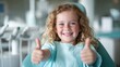 © Larisa AI - A cheerful child smiles broadly in a dental chair, giving two thumbs up, expressing confidence and joy, making dental visits appear more fun and engaging.