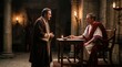 © Svitlana Vorotniak - Joseph of Arimathea talking to Pontius Pilate in the governor palace to request the body of Jesus. Biblical scene of a wealthy man and a Roman official. Historical religious drama.