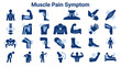 © Iconique Studio - Set of human body muscle pain and injury icons demonstrating various physical discomforts and medical conditions in a clean minimalist blue style