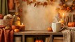 © Adie - Cozy autumn shelf display with steaming mug and candles.