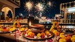 © JAHANARA - Diwali celebration with a traditional clay diya lamp, vibrant marigold flower decorations, and festive fireworks lighting up the night sky