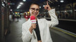 © Krakenimages.com - Woman reporter holding news microphone points finger upward on subway station platform; confidence urgency.