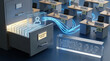 © Chopang.studio - Recruitment archive drawer with digital profile icons and vacant office desks illustrating hiring gap and job request concept in modern workspace environment