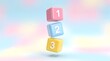 © Md - Pastel 3D number blocks 1 2 3 floating in air, colorful toy cubes for preschool education, nursery school learning concept on soft bokeh background