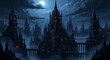 © JAHANARA - Gothic castle city at night with dark towers and glowing windows under a full moon in a rainy, mysterious atmosphere, digital pixel art style