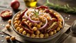© lastfurianec - The national dish of Italian cuisine. Chickpea salad (Insalata di Ceci) — chickpeas, dried tomatoes, rosemary, red onion. A photo with a place for the text.