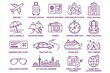 © Vector Classic  - Travel and vacation icons set with airplane, suitcase, passport, map, camera, compass, backpack, boarding pass, car, cruise, tent, sunglasses, city skyline, calendar, and globe on white background