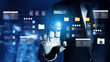 © InfiniteFlow - A businessman interacts with a digital interface showcasing artificial intelligence in a futuristic environment, representing innovation and technology in business. Gantry