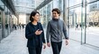 © Setia Fitra - Diverse young couple walking outside modern glass building. Smiling Asian woman and Caucasian man talking, for urban connection.