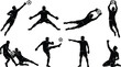 © Mst - Soccer Goalkeeper Silhouette Set Featuring Male Goalie Diving, Catching, Kicking, and Celebrating Poses Isolated on White