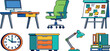 © MstAfrinaAkter - Modern Business Office Furniture and Workspace Equipment Vector Icon Set with Computer Desk, Ergonomic Chair, Whiteboard, Clock, and File Cabinets