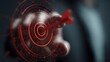 © Dream Studio - Conceptual hand reaching toward red glowing target symbol floating in dark digital environment representing success precision goal achievement business strategy accuracy focus aim.