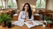 © MSTHAZARA Studio - Smiling female medical student wearing a white coat and stethoscope sitting at a wooden desk with open anatomy textbooks and potted plants in a bright classroom with arched windows