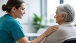 © ArtSync Studio - Compassionate Female Healthcare Professional Comforting an Elderly Woman in a Medical Office