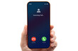 © DenPhoto - Man hand holding phone incoming call screen white isolated background