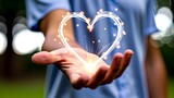 Glowing heart symbol floating above open hand representing love hope and kindness