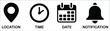© Dr. Thomas Morgan - Date, time, address, and notification vector icon collection featuring calendar, location pin, clock, alarm bell, schedule, reminder, business planning, and alert system symbols isolated on white