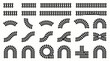 © Johanna - Collection of black railway track segments including straight, curved, U-shaped and switch lines on white, illustrating transportation routes and symbolizing logistical networks
