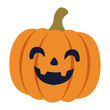 © ImamSetia - Orange jack o lantern pumpkin with carved friendly smiling face and green stem in flat vector style