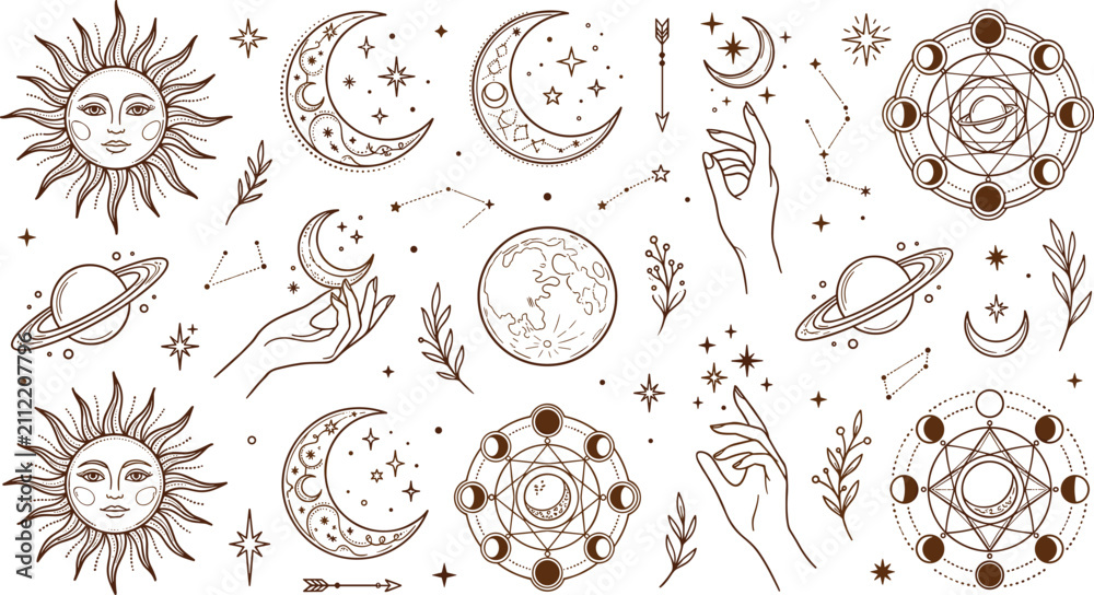 Vector Celestial Line Set of celestial and mystical vector elements featuring celestial sun ...