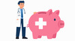 © Allah - Vector illustration of a professional male doctor in a white lab coat standing next to a large pink piggy bank featuring a white medical cross symbol, representing healthcare savings and medical