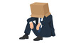 © Reet - Depressed businessman sitting on floor with cardboard box over head, representing job loss, burnout, and corporate failure in modern workplace stress