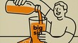 © Pete - Man pours fresh orange juice from bottle into glass cup. Happy smiling person enjoys cold drink with vitamins for healthy breakfast. Modern minimalist line art illustration features simple bold