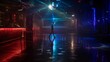 © dreamdes - Man walking alone through empty nightclub under disco ball. Dark dance floor with blue and red neon lighting. Nightlife, clubbing and solitude concept in professional music venue.