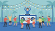 © Nure - People dancing at an outdoor night party with string lights and a dj playing music under palm trees.