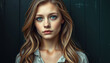 © A Luna Blue - Portrait of a Woman with Blue Eyes and Long Hair Against Dark Background