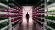 © Limbo - Worker walking through an indoor vertical farm with purple led lights