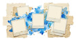 © NIKO AHLI - Scrapbook layout with vintage polaroid frames, textured paper, and blue watercolor splashes, creating a nostalgic and artistic collage on a white background.